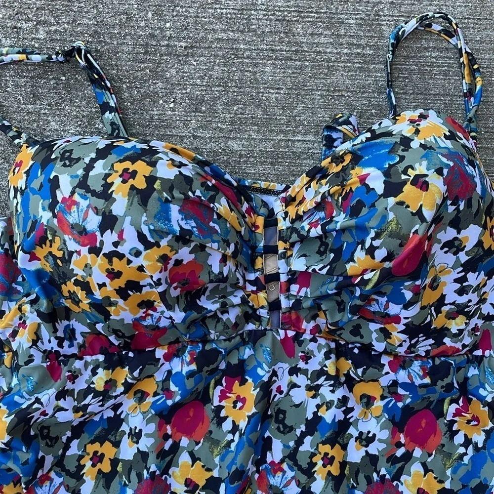 Cacique Swim High Rise‎ Bikini Tie Front Tropical Black Yellow Floral 2 piece